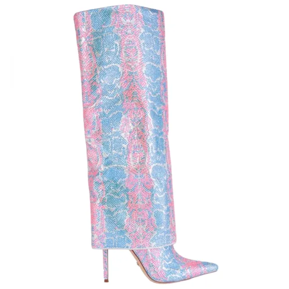 Azalea Wang Blue and Pink Rhinestones Below The Knee Women's Boots Size 11