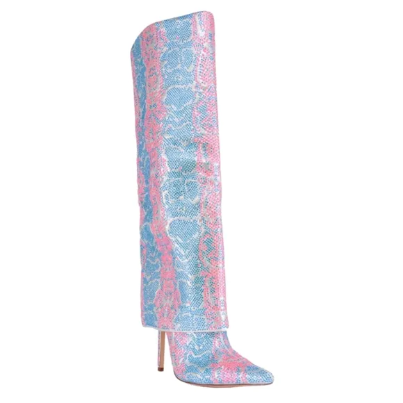 Azalea Wang Blue and Pink Rhinestones Below The Knee Women's Boots Size 11