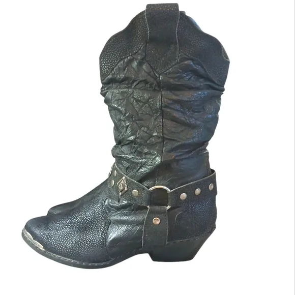 BackTrails Black Leather Cowgirl Boots Western Heeled Harness Boots Size 7 M