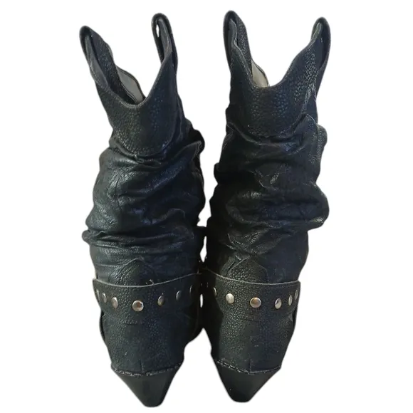 BackTrails Black Leather Cowgirl Boots Western Heeled Harness Boots Size 7 M