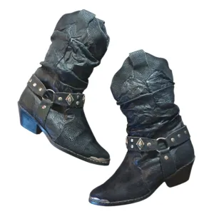 BackTrails Black Leather Cowgirl Boots Western Heeled Harness Boots Size 7 M