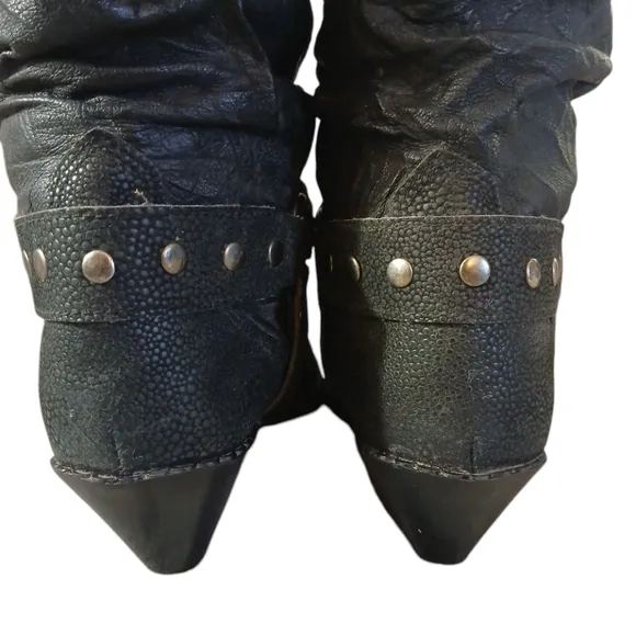 BackTrails Black Leather Cowgirl Boots Western Heeled Harness Boots Size 7 M