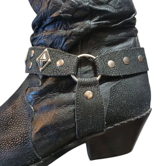 BackTrails Black Leather Cowgirl Boots Western Heeled Harness Boots Size 7 M