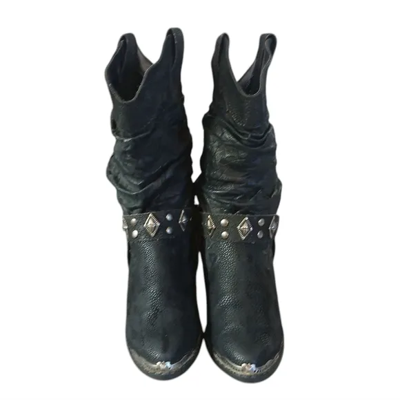 BackTrails Black Leather Cowgirl Boots Western Heeled Harness Boots Size 7 M