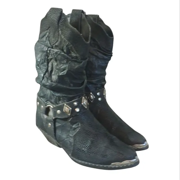 BackTrails Black Leather Cowgirl Boots Western Heeled Harness Boots Size 7 M