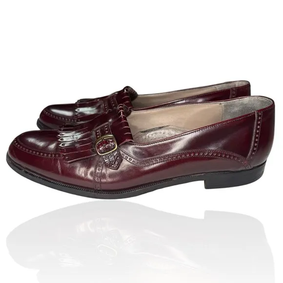 Bally Italy Shoes 8.5 D Burgundy Leather Kiltie Buckle Fringe Loafers Vero Cuoio