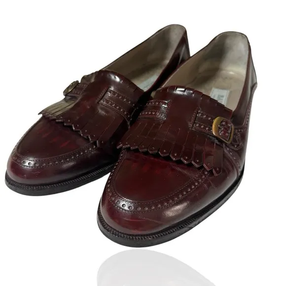 Bally Italy Shoes 8.5 D Burgundy Leather Kiltie Buckle Fringe Loafers Vero Cuoio