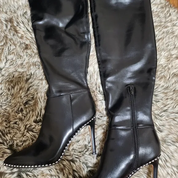 BCBG Generation Black Studded Faux Leather Stiletto Heel Boots