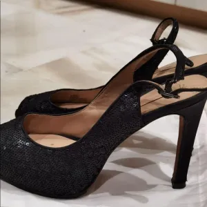 Bcbg heels black sequin slingback platform shoes peep toe size 6.5 Stiletto