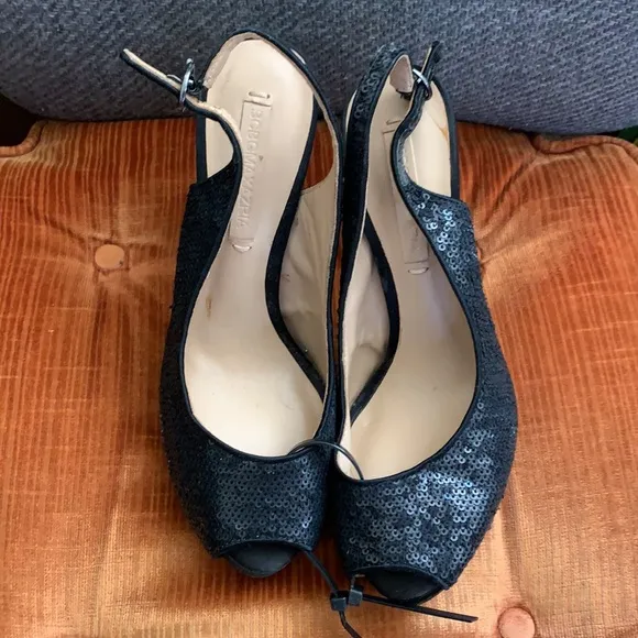 Bcbg heels black sequin slingback platform shoes peep toe size 6.5 Stiletto