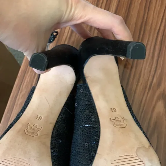 Bcbg heels black sequin slingback platform shoes peep toe size 6.5 Stiletto