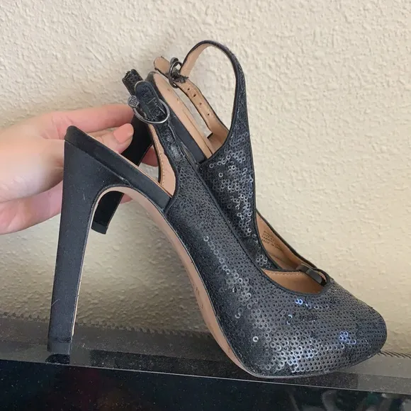 Bcbg heels black sequin slingback platform shoes peep toe size 6.5 Stiletto