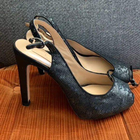 Bcbg heels black sequin slingback platform shoes peep toe size 6.5 Stiletto