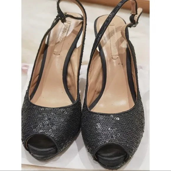Bcbg heels black sequin slingback platform shoes peep toe size 6.5 Stiletto