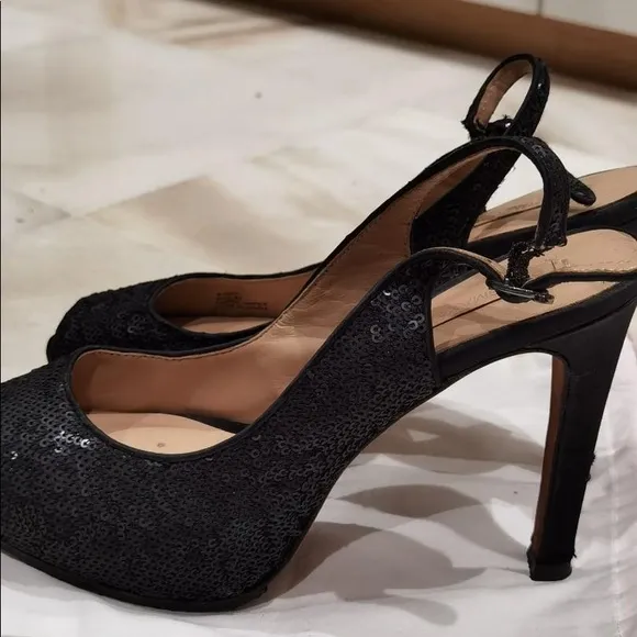 Bcbg heels black sequin slingback platform shoes peep toe size 6.5 Stiletto
