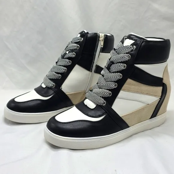 BCBGENERATION JANSY HIGH TOP SNEAKERS ZIP UP BLACK BRIGHT WHITE WOMENS 9 NIB