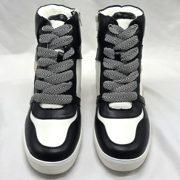 BCBGENERATION JANSY HIGH TOP SNEAKERS ZIP UP BLACK BRIGHT WHITE WOMENS 9 NIB