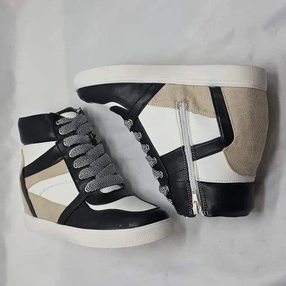 BCBGENERATION JANSY HIGH TOP SNEAKERS ZIP UP BLACK BRIGHT WHITE WOMENS 9 NIB