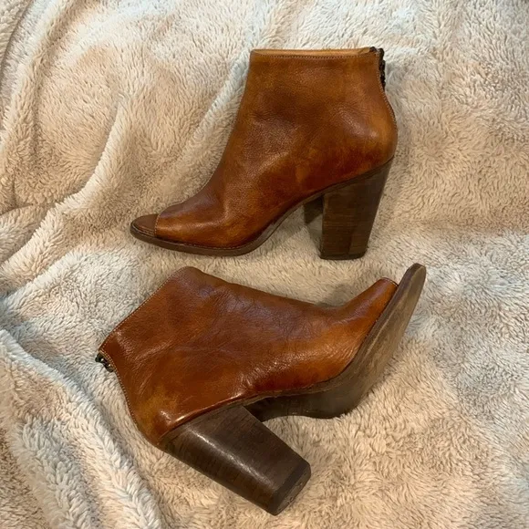 Bed Stu Onset Peep Toe Women’s Cognac Leather Zipper Ankle &amp; Booties Boots