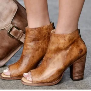 Bed Stu Onset Peep Toe Women’s Cognac Leather Zipper Ankle &amp; Booties Boots