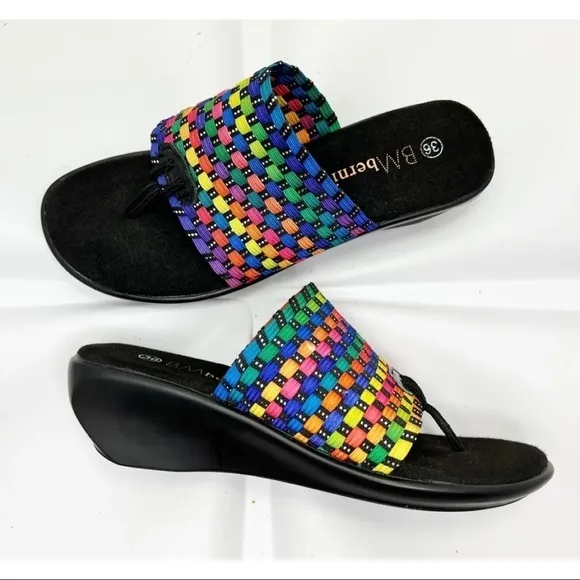 Bernie Mev 36 Sz 5 Women Rainbow Elastic Woven Thong Slide Sandals RARE NEW