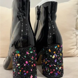 Betsey Johnson Black Patent Leather Ankle Boots with Multicolor Glitter Heel