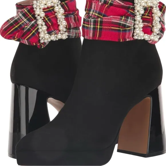 Betsey Johnson ISRIS Boot Red Plaid Trim Pearl Buckle READ DESCRIP…