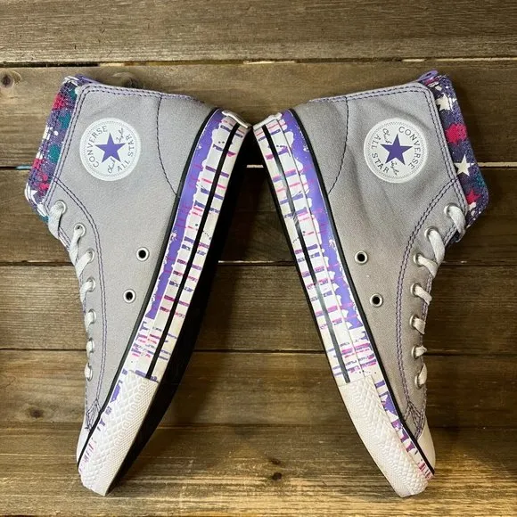 Big‎ Kids Converse Gray Hi Top Double Layer Paint Drip Shoes Sneakers Size 5 Y