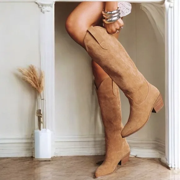 BILLINI Tan Faux Suede Knee-High Western Boots ~ NWOT