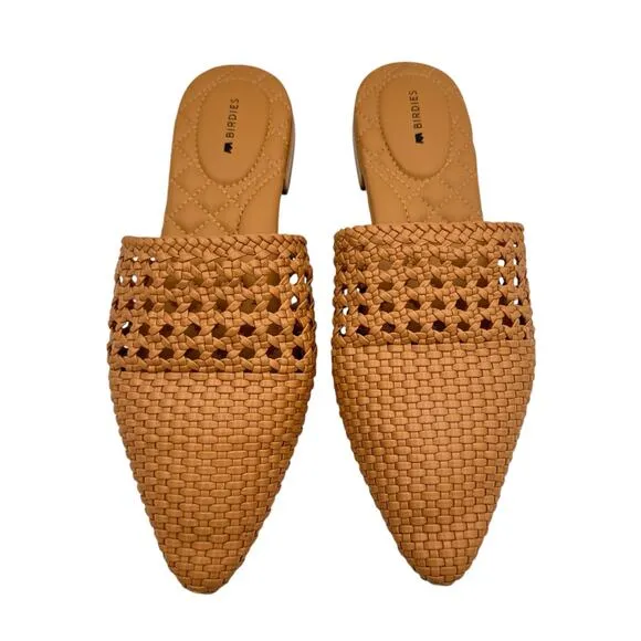 Birdies Dove Woven Toffee Brown Vegan Faux Leather Pointed Toe Slide Mules