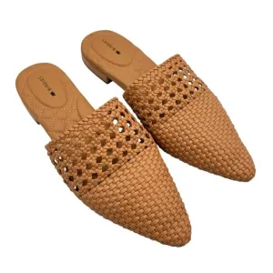 Birdies Dove Woven Toffee Brown Vegan Faux Leather Pointed Toe Slide Mules