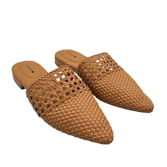 Birdies Dove Woven Toffee Brown Vegan Faux Leather Pointed Toe Slide Mules