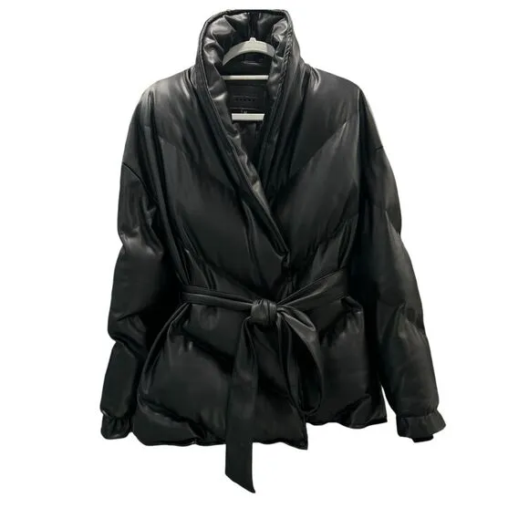 Blank NYC Ladies Vegan Leather Oversized Baggy Black Puffer Belted Jacket Size M