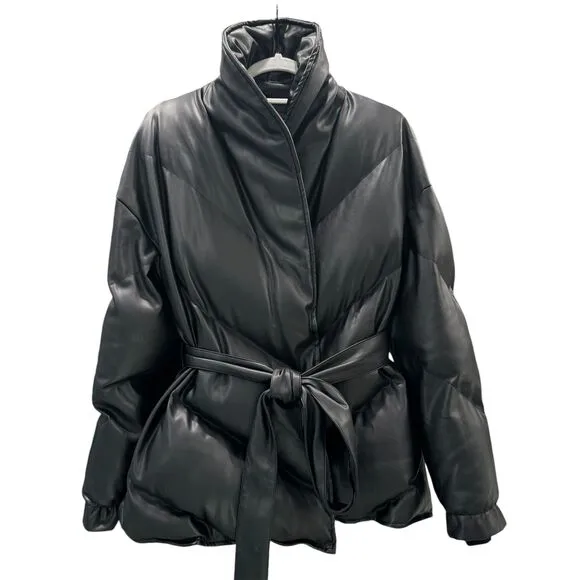 Blank NYC Ladies Vegan Leather Oversized Baggy Black Puffer Belted Jacket Size M