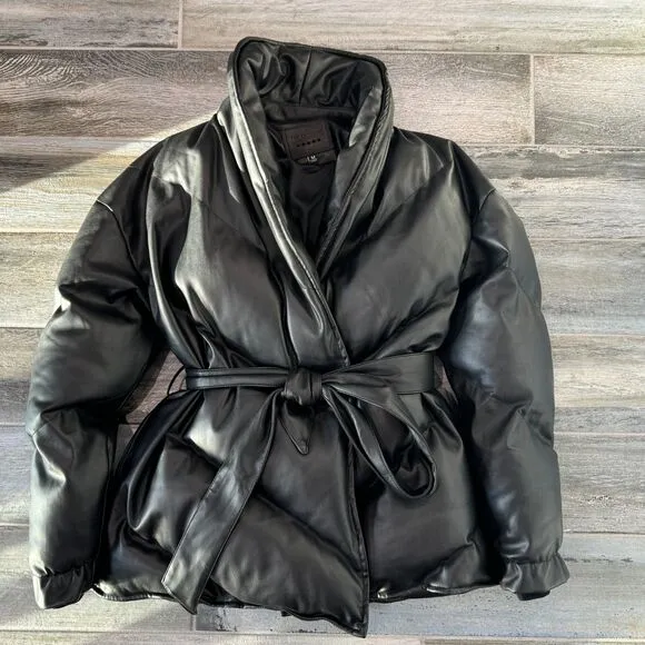 Blank NYC Ladies Vegan Leather Oversized Baggy Black Puffer Belted Jacket Size M