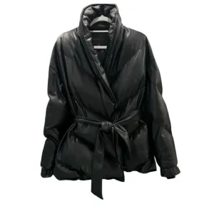 Blank NYC Ladies Vegan Leather Oversized Baggy Black Puffer Belted Jacket Size M
