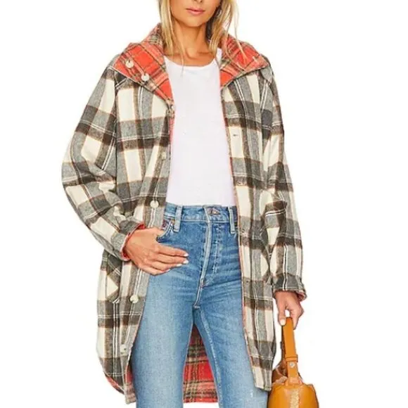 BLANK NYC Wool Blend Reversible Plaid Button Front Longline Jacket Fall Winter M