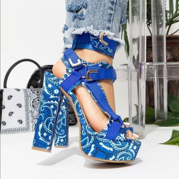 Blue Bandana Platform Heels | Chunky Block Buckle Strap Sandals