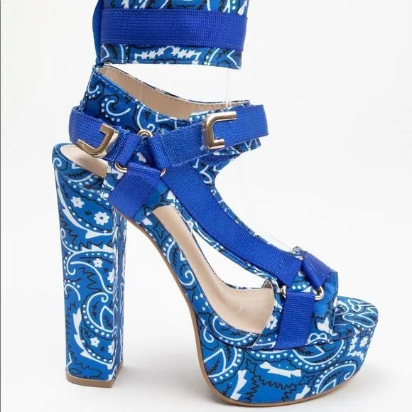 Blue Bandana Platform Heels | Chunky Block Buckle Strap Sandals