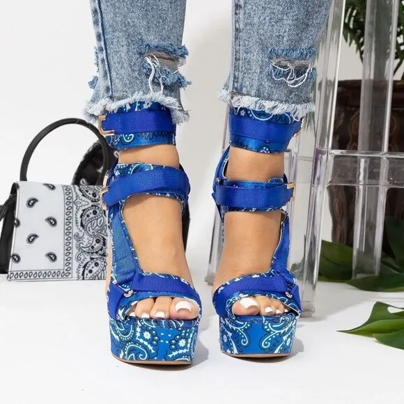 Blue Bandana Platform Heels | Chunky Block Buckle Strap Sandals