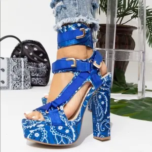 Blue Bandana Platform Heels | Chunky Block Buckle Strap Sandals
