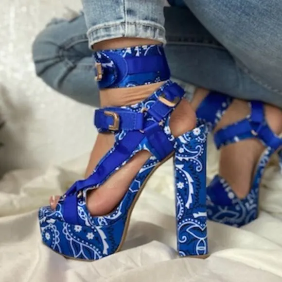 Blue Bandana Platform Heels | Chunky Block Buckle Strap Sandals
