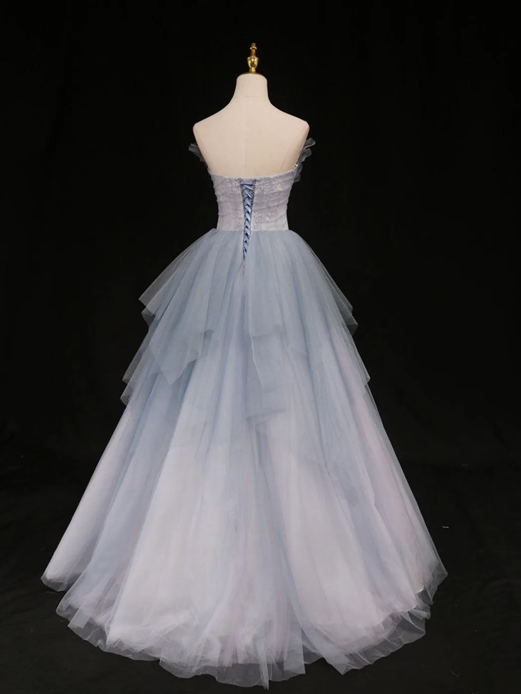 Blue sweetheart neck tulle long prom dress blue tulle formal dress