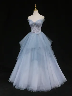 Blue sweetheart neck tulle long prom dress blue tulle formal dress
