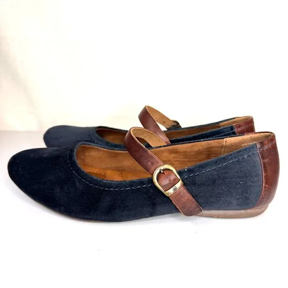 BORN Mary Janes Womens 8.5 Navy Velvet Leather Flats Classic Preppy Fairygoth