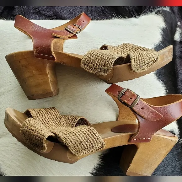 Bosabo Brown Leather and Woven Sandals High Heel Clog Sandal Raphia Cognac Sz 8