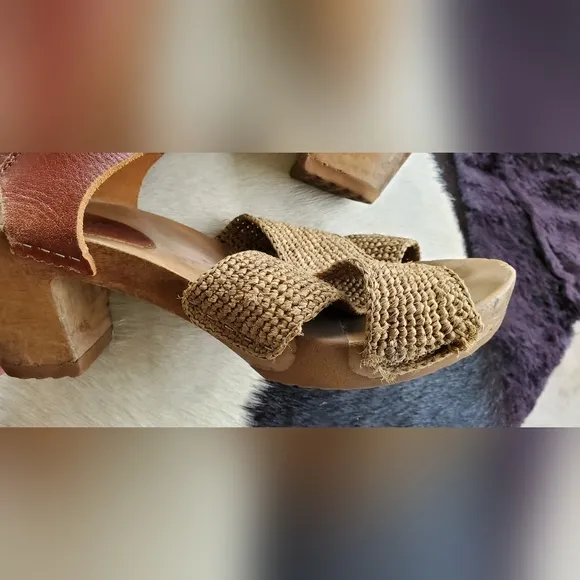 Bosabo Brown Leather and Woven Sandals High Heel Clog Sandal Raphia Cognac Sz 8