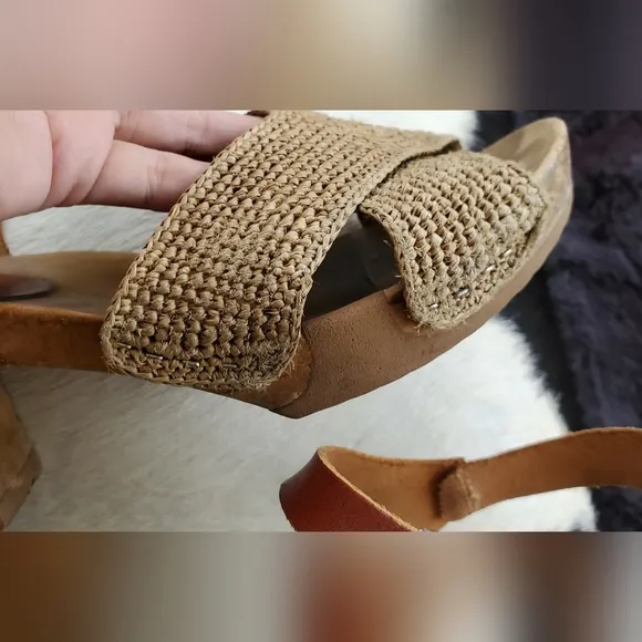 Bosabo Brown Leather and Woven Sandals High Heel Clog Sandal Raphia Cognac Sz 8