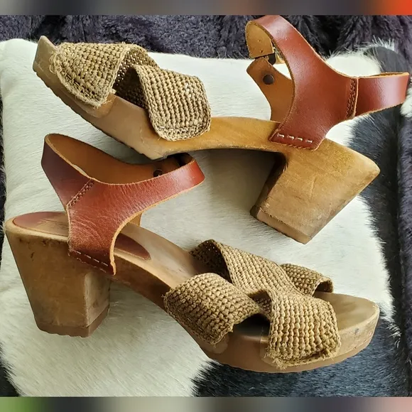 Bosabo Brown Leather and Woven Sandals High Heel Clog Sandal Raphia Cognac Sz 8