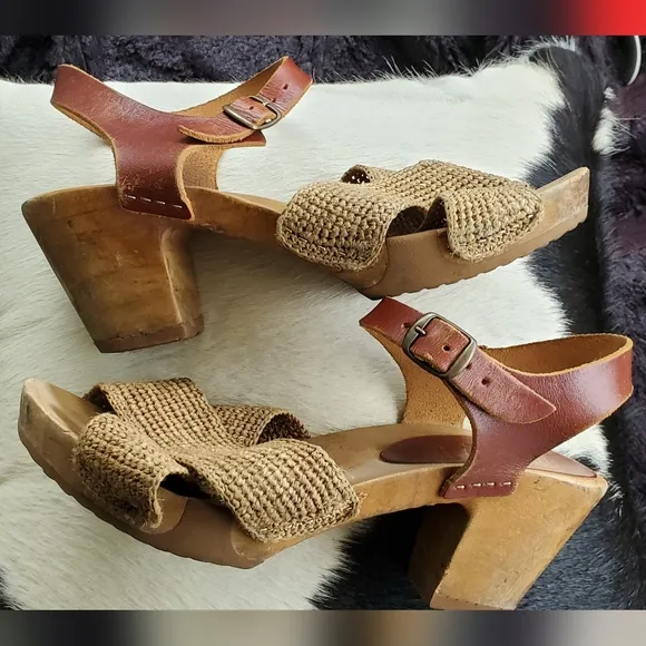Bosabo Brown Leather and Woven Sandals High Heel Clog Sandal Raphia Cognac Sz 8